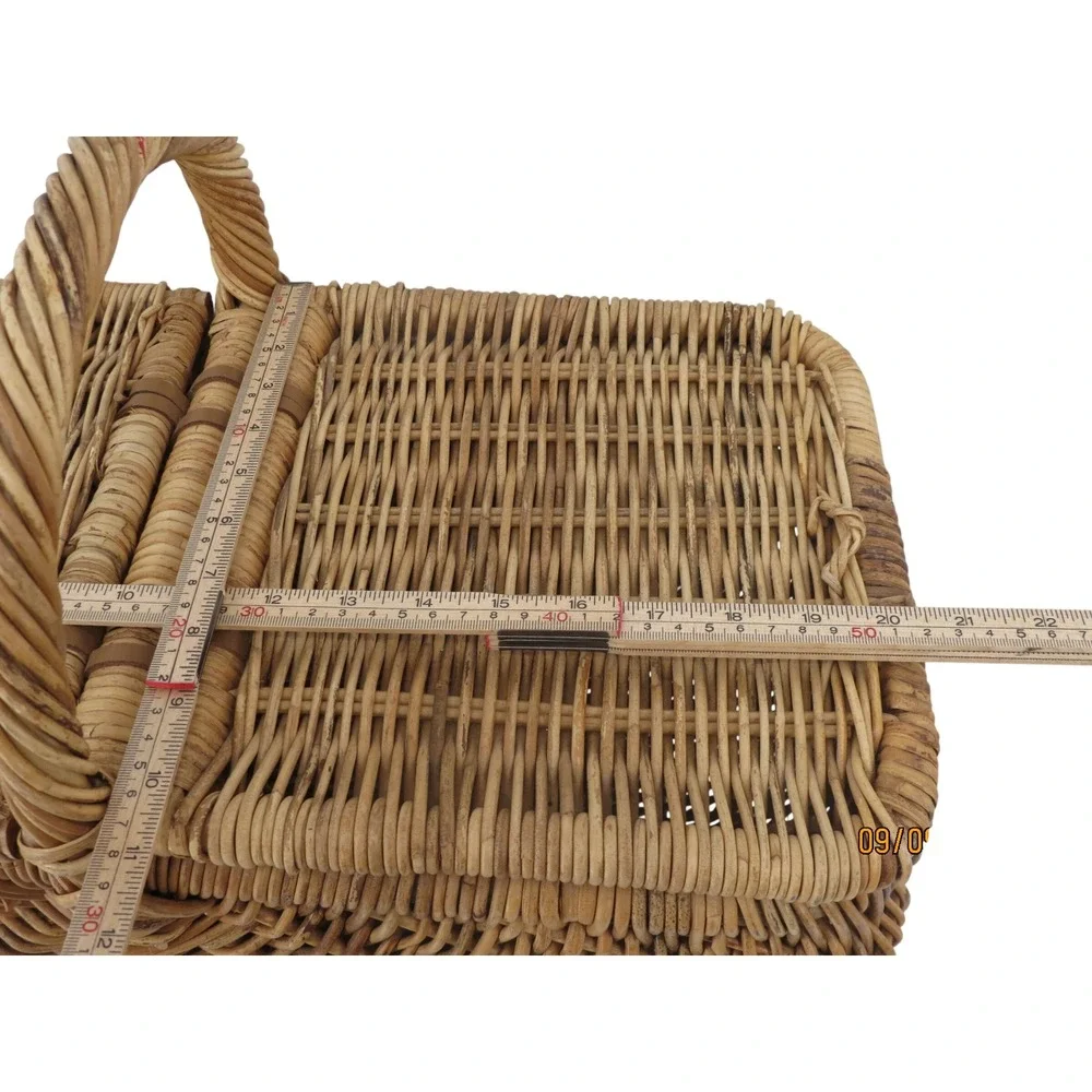 Vintage French Country Wicker Picnic Basket Double Bottom Rattan Hinged Lid